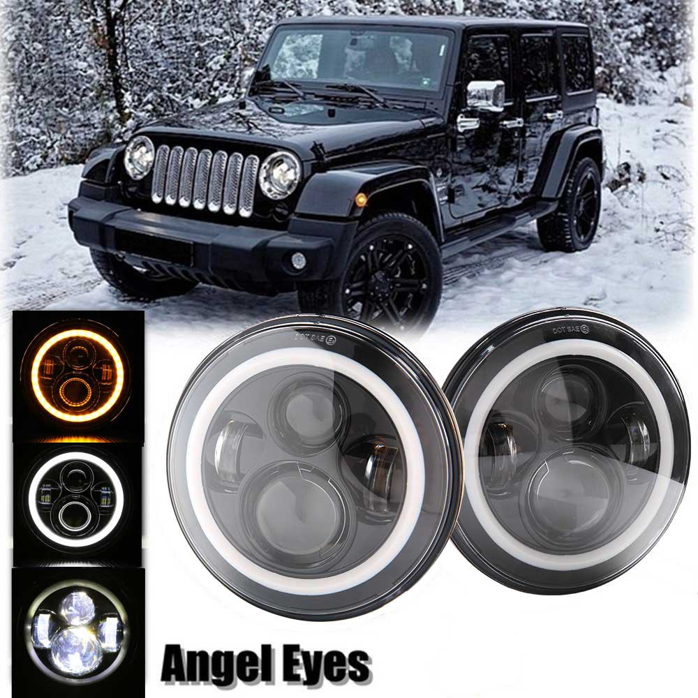 7Inch LED Headlight White Halo Angle Eyes Led Headlamp Hi/Low Turn