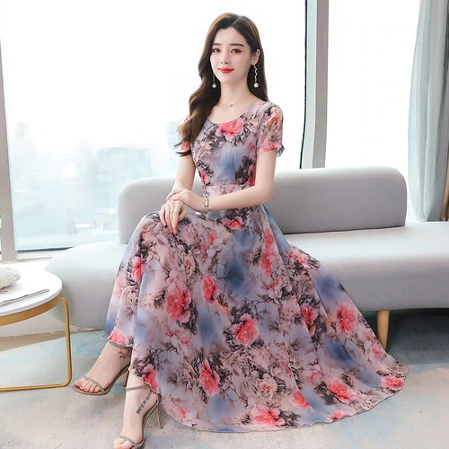 【Women Dress】2024 Pink Floral Chiffon Beach Maxi Dress Spring Summer ...