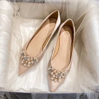 White satin store heels with rhinestones