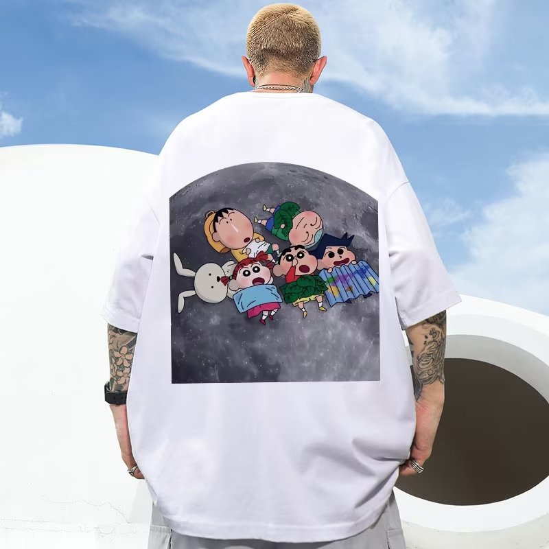 Summer Korean Unisex Short Sleeve T Shirt Men's Round Neck Oversized Shirt Crayon Shinchan Anime Friends Print Fashion Oversized Top Plus Size Casual Clothing Black White tee