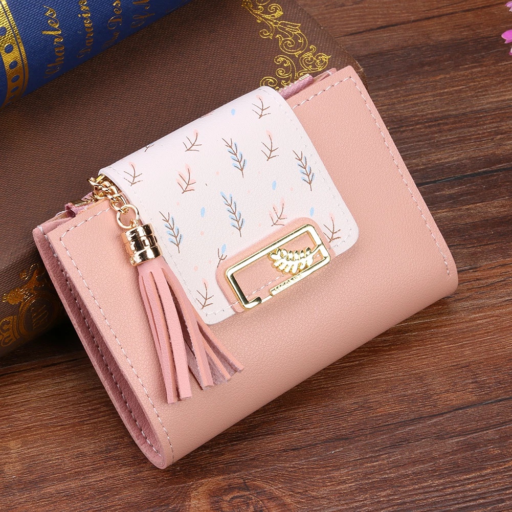 Korean Version Fashion Tassel Women Leather Simple Leaf Printing Zipper Wallet Girl Vintage Large Capacity Coin Purse Female Lovely Square Clutch