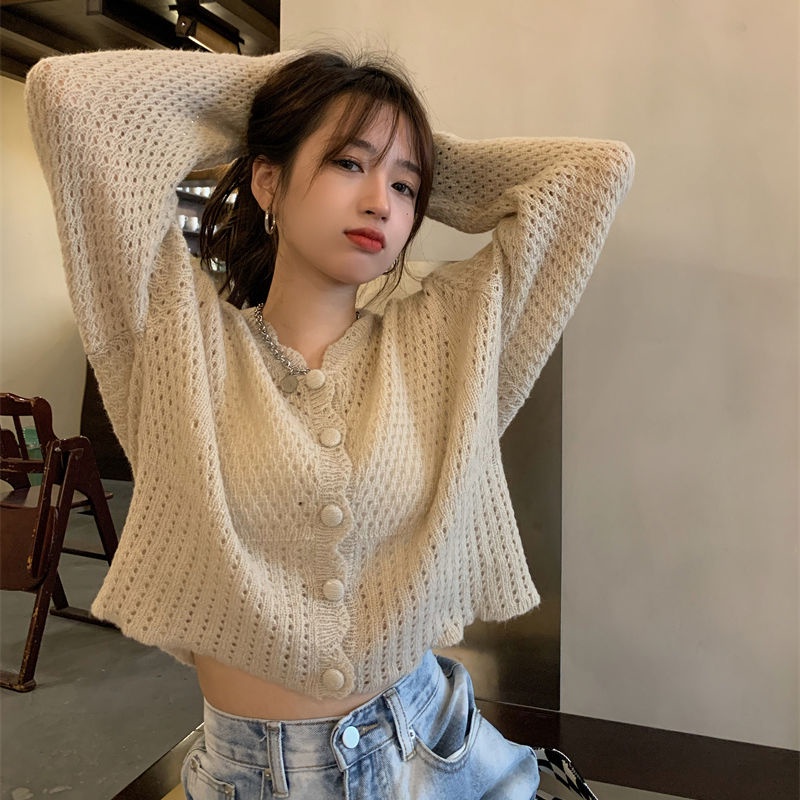 K Knitted Cardigan Korean Style Lace Outer Short Long Sleeve Top Women's Clothing