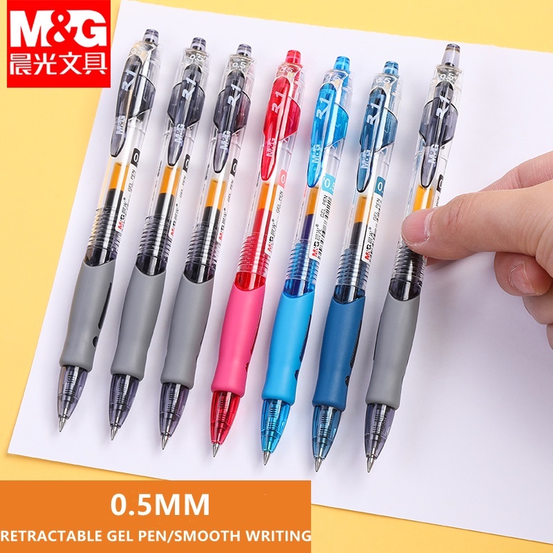 M&G Retractable Gel Pen 0.5mm Black Blue Red Gel Ink Refill Gelpen ...