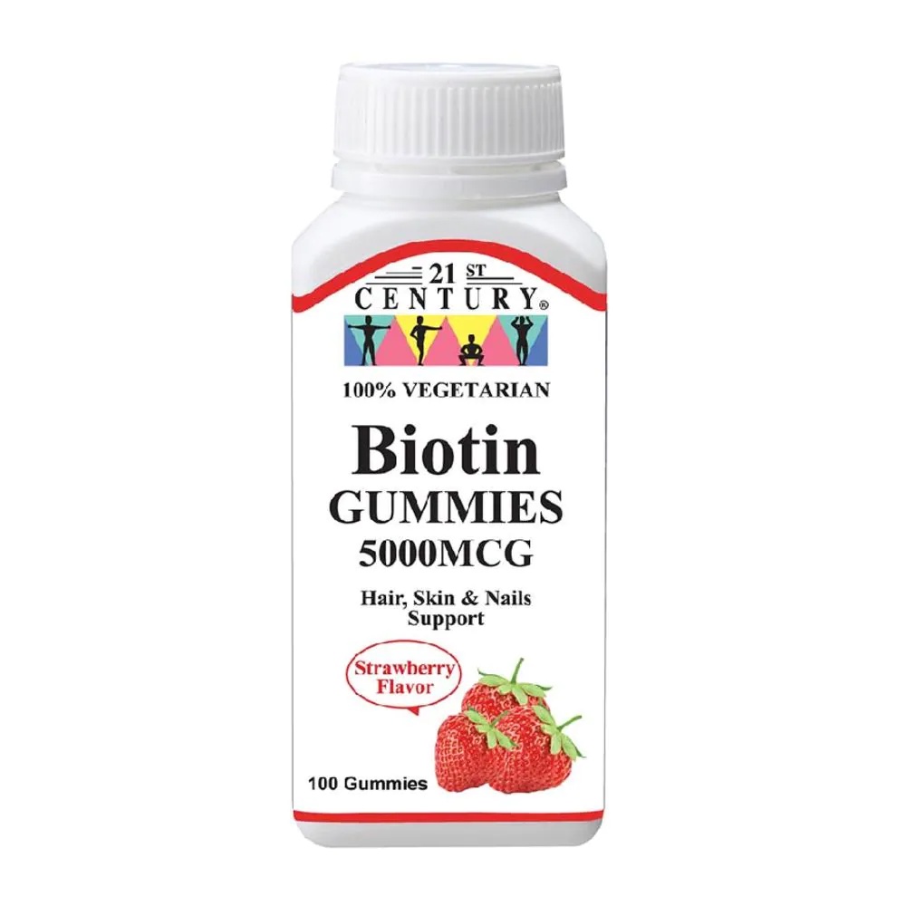 21ST CENTURY Biotin 5000MCG Gummies Strawberry Flavour Vegetarian Gelatin Free (For Hair Skin & Nail Support) 100s