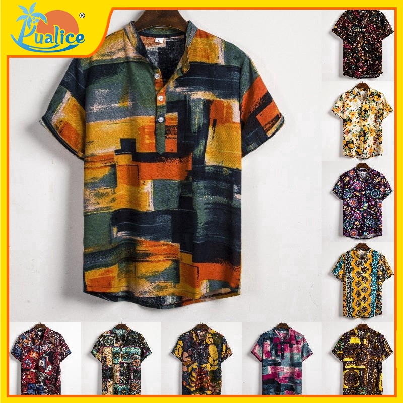 Men Top Fashion Men Shirt Hawaiian Shirt Summer Short-sleeved Hoodie Men's Striped Shirt Cotton Cotton Linen Short-sleeved Lapel Shirt Beach Hawaii Shirt Men Blouse Floral Shirts Top Mens Clothing 029