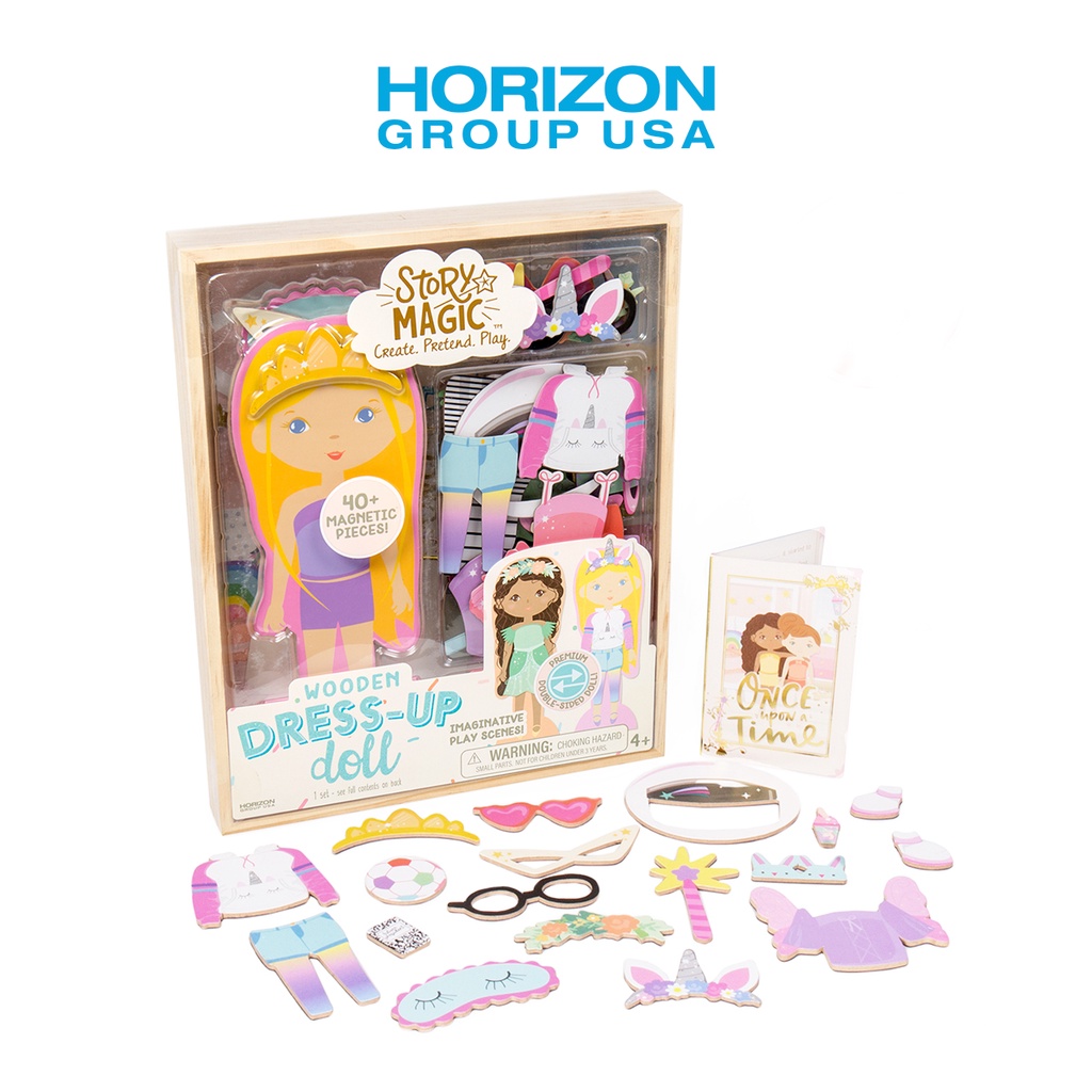Story Magic Girls DIY Magnetic Wooden Double Sided Dress-Up Doll by Horizon Group USA, Over 40 Outfit, Ages 4+
