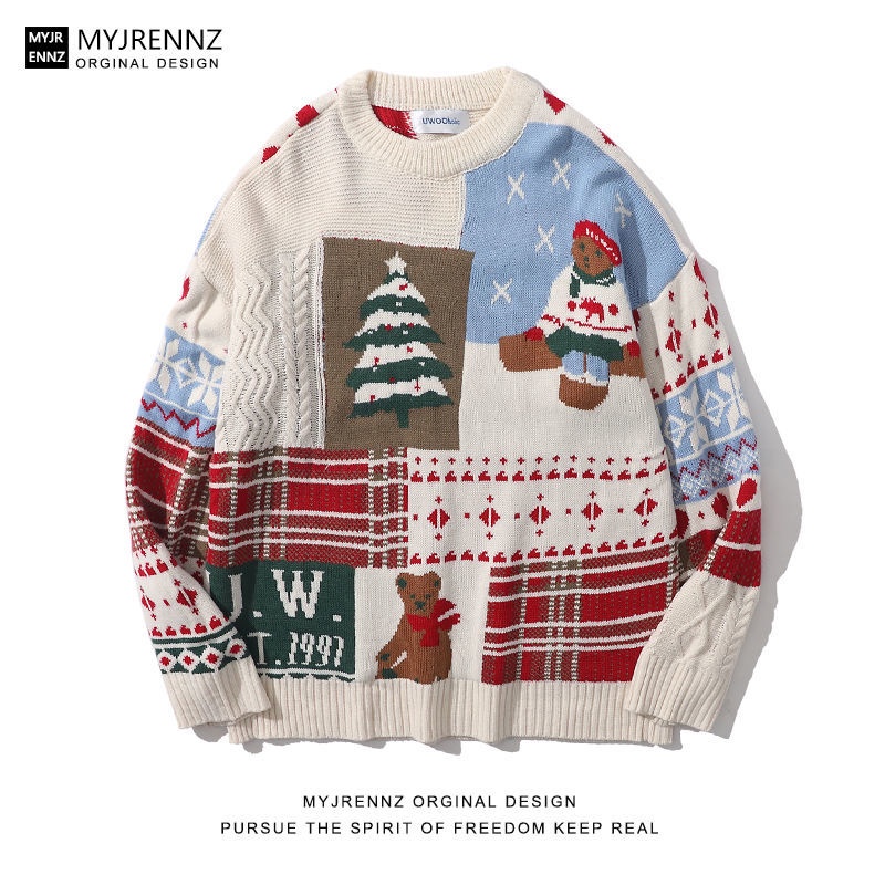 Christmas Bear Round Neck Sweater Men Women Loose Lazy Style Couple ...