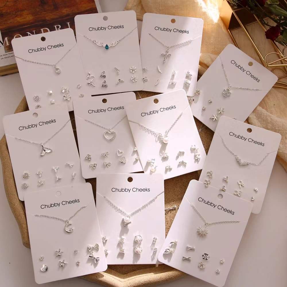 4 Pairs Earings & Necklace Set Korean Stup Women's Ear Clip Earings Hello Girl Jewelry