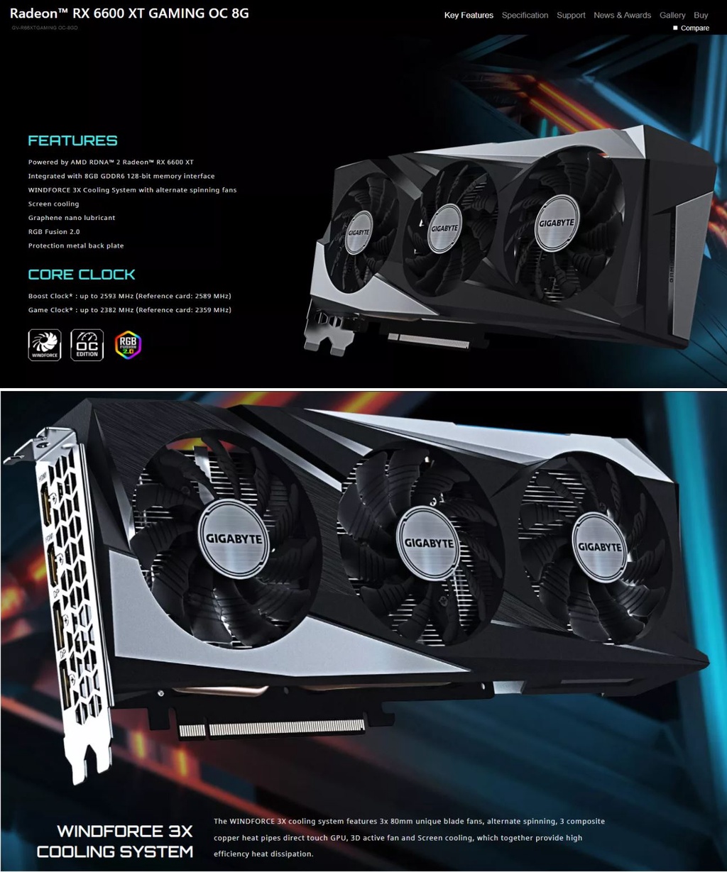 GIGABYTE Radeon RX 6600 XT Gaming OC 8G Graphics Card, WINDFORCE 3X ...