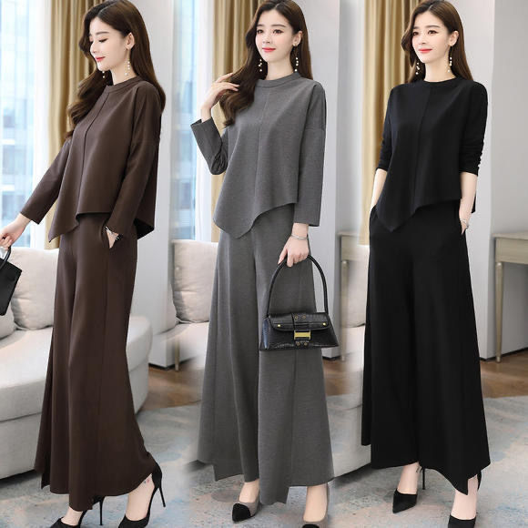 2 Pcs/Set Plus Size Long Sleeve Pure Color Irregular Round Neck Blouse + Casual Wide Leg Pants Pocket Cropped Trousers Women's Set Wear Fashion Clothing
