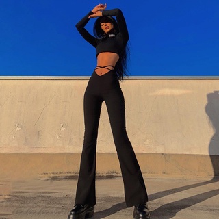 Women Sexy High Waist Bodycon Leggings Bell Bottom Pants Black Lace up  Flare Pants Party Skinny Wide Leg Pants Y293-sg