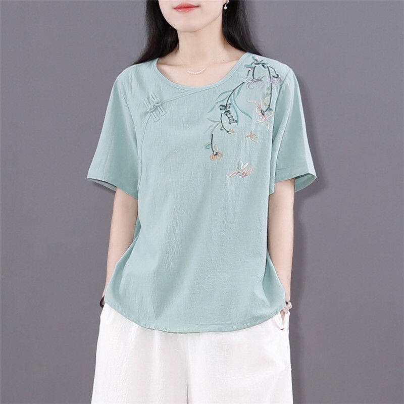 2022 Summer Literary Retro Cotton and Linen T-shirt Women's Loose Chinese Style Zen Tea Clothes Flat Bottom Button Short Top Chinese Women's Clothing