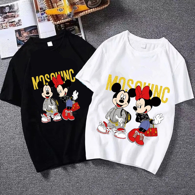 Cool summer loose cotton round neck T-shirt short-sleeved custom cartoon Mickey and Minnie pattern boys and girls couples clothing with the same style