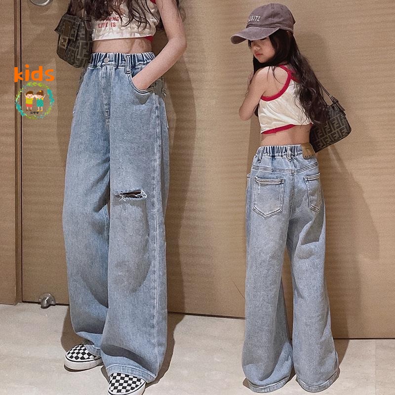 Girls New Style Jeans Ripped Wide Leg Children Casual Denim