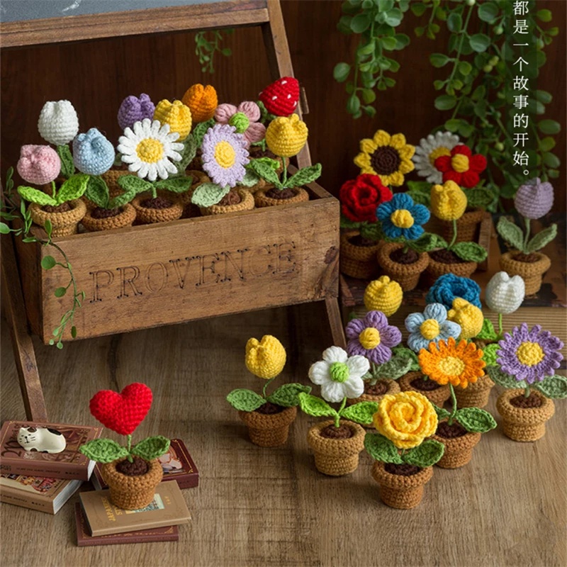 Homemade Crochet Flower Hand Woven Flowers Immortal Flower Crochet Potted Plant Balcony Desktop Ornament Finished