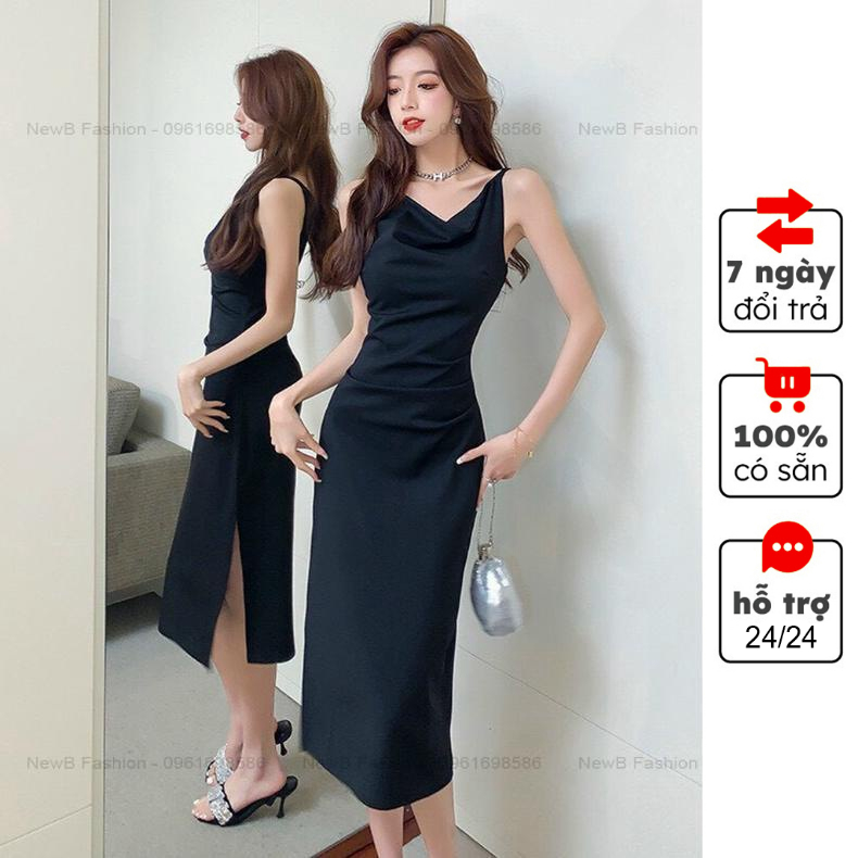 Spaghetti straps dress with split flaps with breast pads, slim-fit body ...