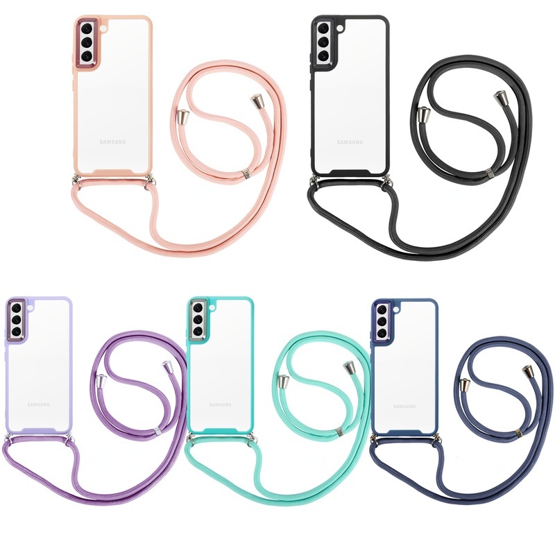 Phone Case For Samsung Galaxy S22 Ultra Plus S21FE A52 A22 A12 A32 4G 5G Transparent Glossy Candy Color Shockproof Cover with Phone Strap