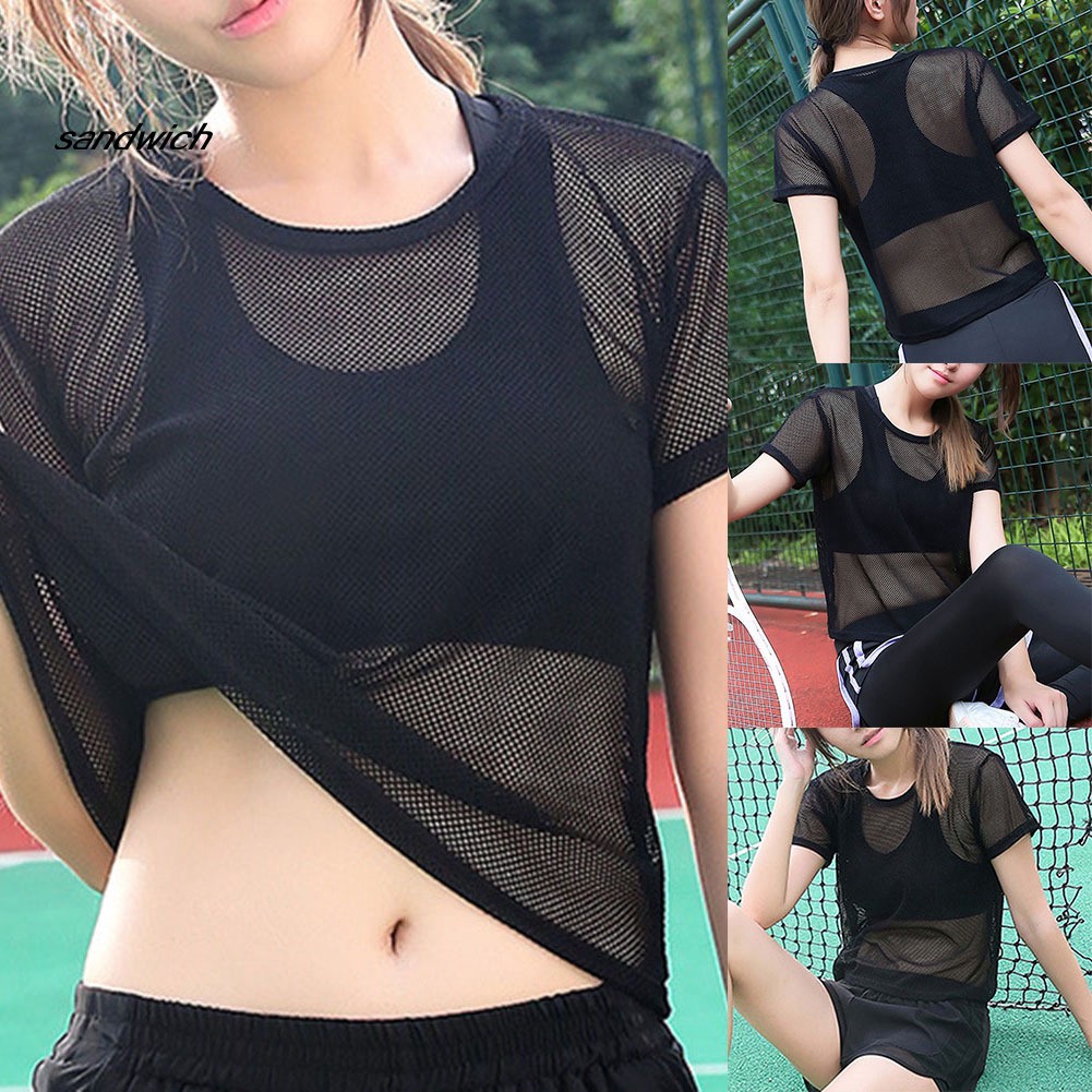 woman Yoga mesh T-shirt see-through mesh sports quick-drying tops girl