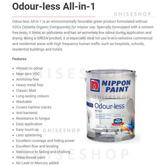 NIPPON PAINT Interior Paint 1 Liter Odourless, Vinilex, Antimould White, Vinyl Silk, Medifresh