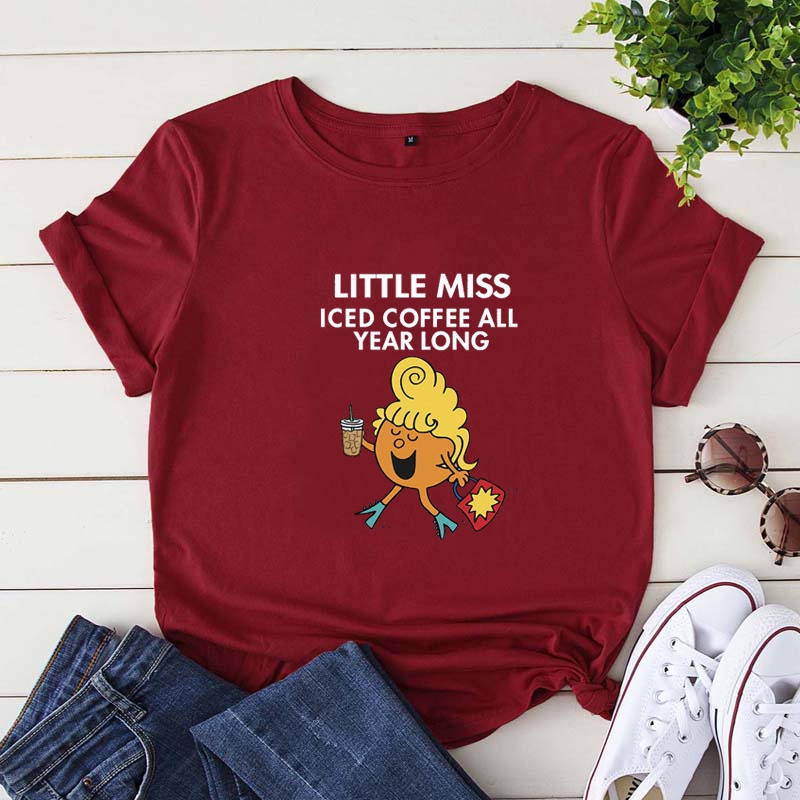 Women Funny Cartoon T Shirt LITTLE MISS ICED COFFEE Anime Harajuku Clothing Casual Loose O-neck Tee Female Tops