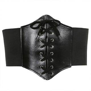 Women's Lace Up Corset Belt Gothic Fashion Pu Leather Slimming Waist  Vintage Corset Black Wide Belt