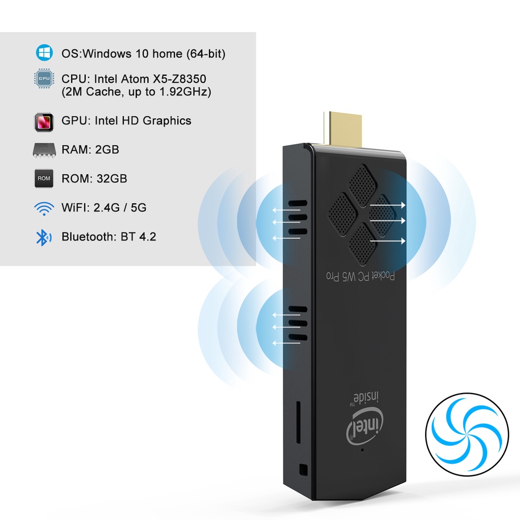 W5 PRO Portable Mini PC Intel Z8350 Quad Core Windows 10 PC Stick with HD Wifi BT4.2 Mini Computer 4GB 64GB Micro Computer