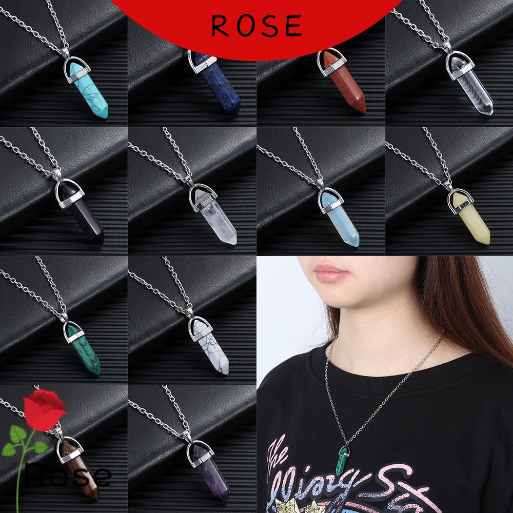 ROSE Hot Natural Crystal Necklace Chakra Quartz chain Stone Pendant Healing Hexagonal Point Pendulum Silver Plated Jewelry Accessories
