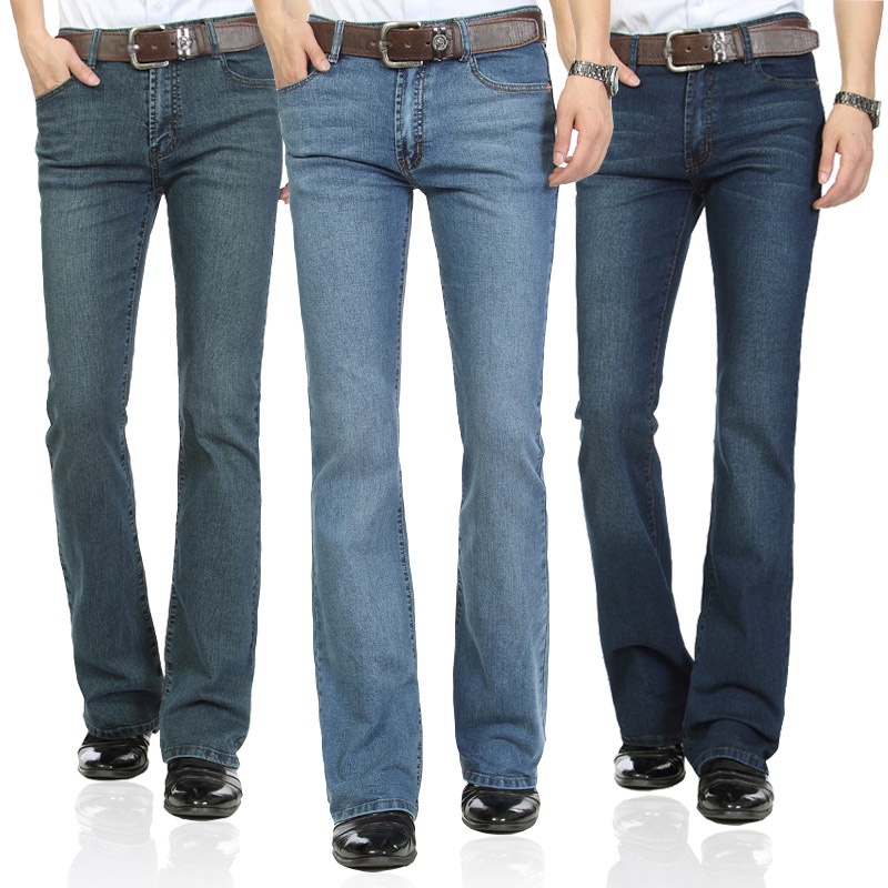 Mens Bell Bottom Jeans Business Blue Mid Waist Slim Fit Boot Cut Semi