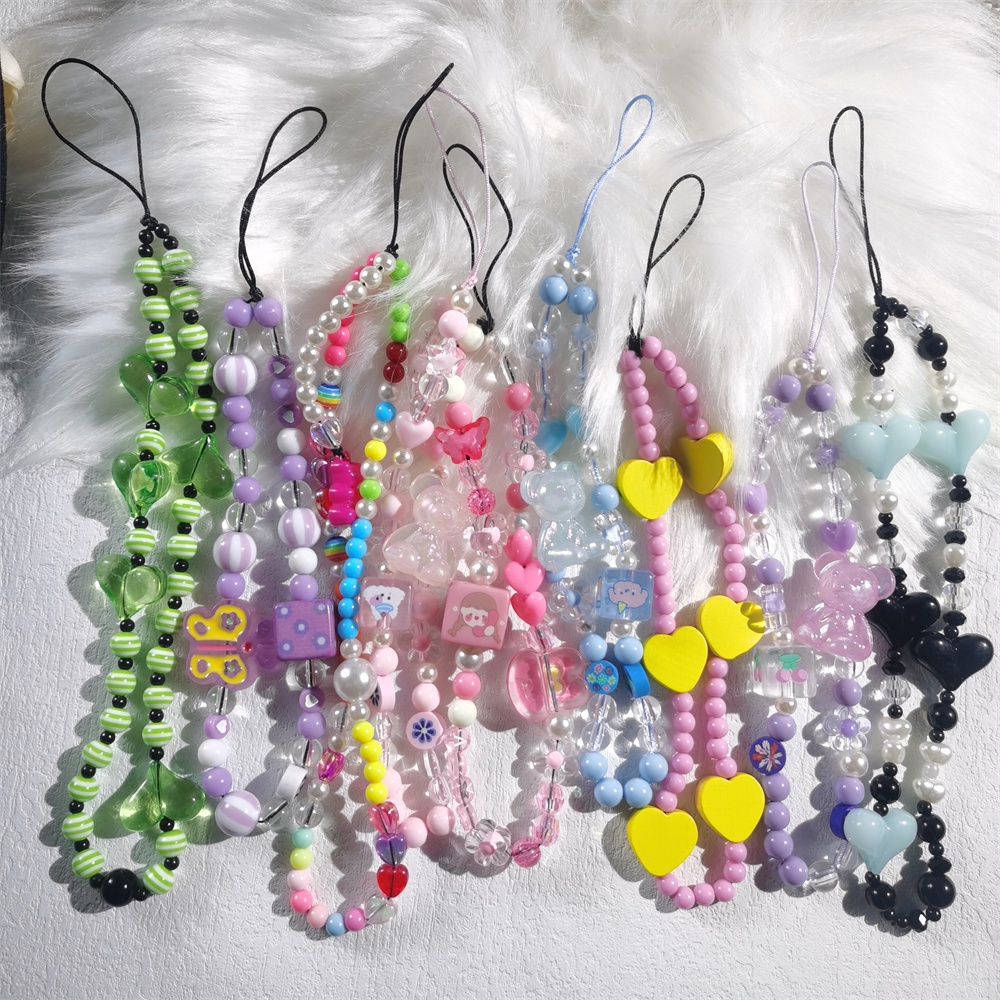 Love Mobile Phone Chain Anti-Lost Soft Pottery Rope Strap Lanyard  Silver Pearl Acrylic Abacus Bead Colorful Cell Phone Case Hanging Cord
