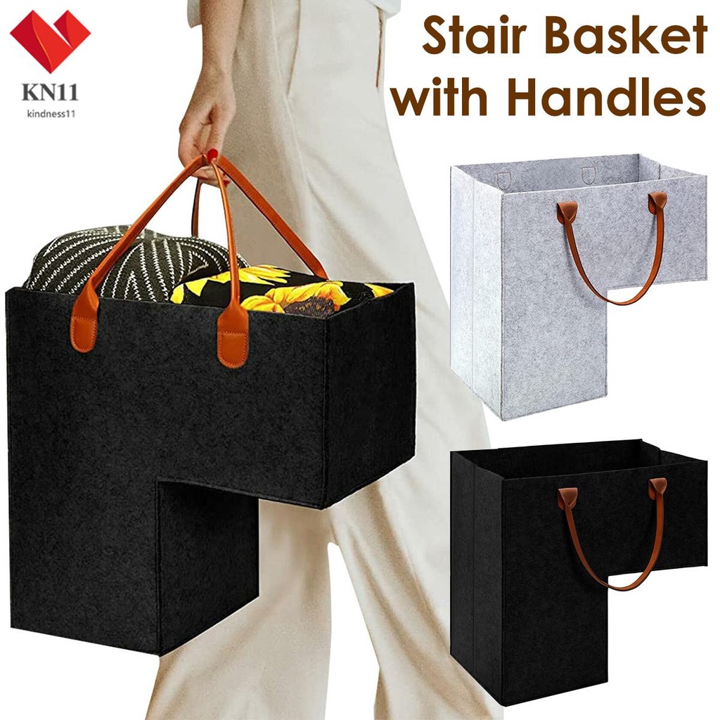 Stair Basket with Leather Handles Felt LShape Stair Step Bin Space Saving Staircase Storage