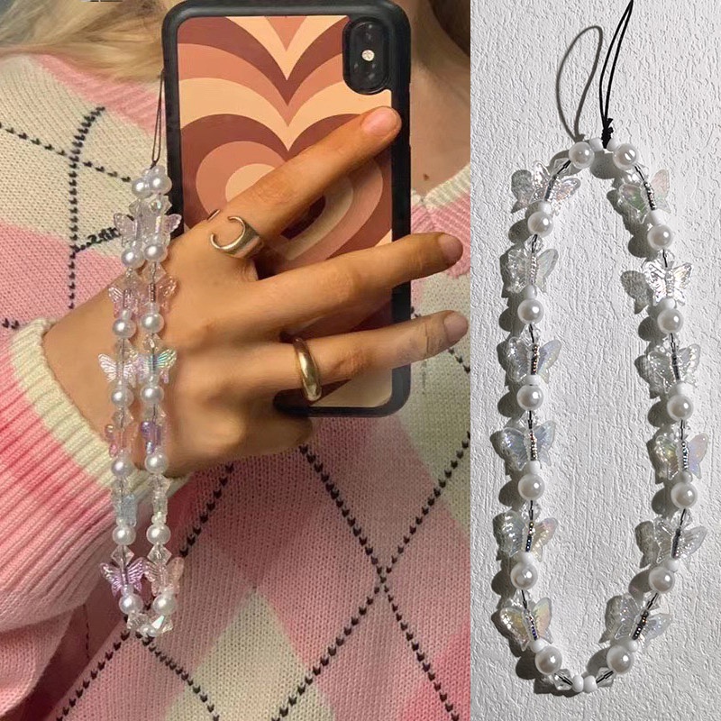 INS White Butterfly Mobile Phone Chain Anti-Lost Soft Pottery Rope Strap Lanyard Pearl Acrylic Bead Colorful Cell Phone Case Hanging Cord