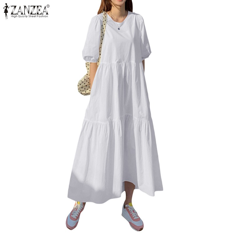 ZANZEA Women Loose Solid Color Puff Sleeve Swing Long Dress | Shopee ...