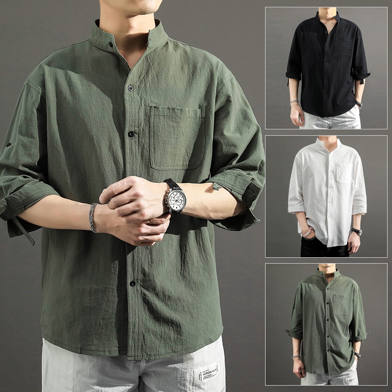 Cotton linen men's short sleeved shirt Solid casual shirt Slim fitting ...