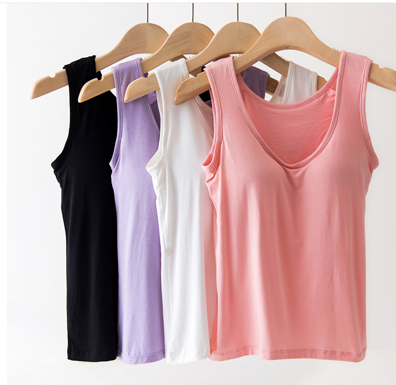 New Women 2 In 1 Camisole Vest Women Summer Fashion Shirt Tanks Solid Women's  Camisole Tops with Built In Bra Vest Padded Slim Fit Tank Tops