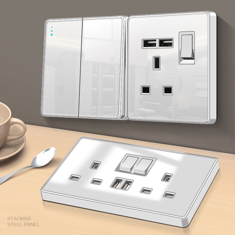 White tempered glass 13A British switch socket with USB socket British
