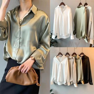 New Style Acetate Satin Shirts Women Vintage Loose Solid Color Long Sleeve  Blouse Office Ladies Elegant Spring Autumn
