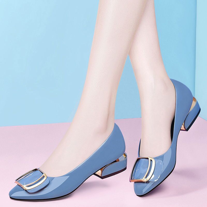 Women Cute High Quality Sky Blue 3cm Low Heel Office Shoes Lady Casual Classic Black Pu Leather High Heel Shoes A6406p Shopee Singapore