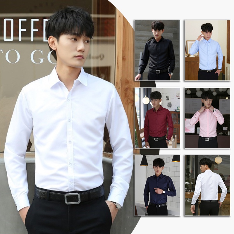 【M-5XL】Men's formal long sleeve shirt button-down Plain white shirt stand-up collar plus size business shirt work black shirt casual suit Formal Shirts Casual Slim Shirt Teens