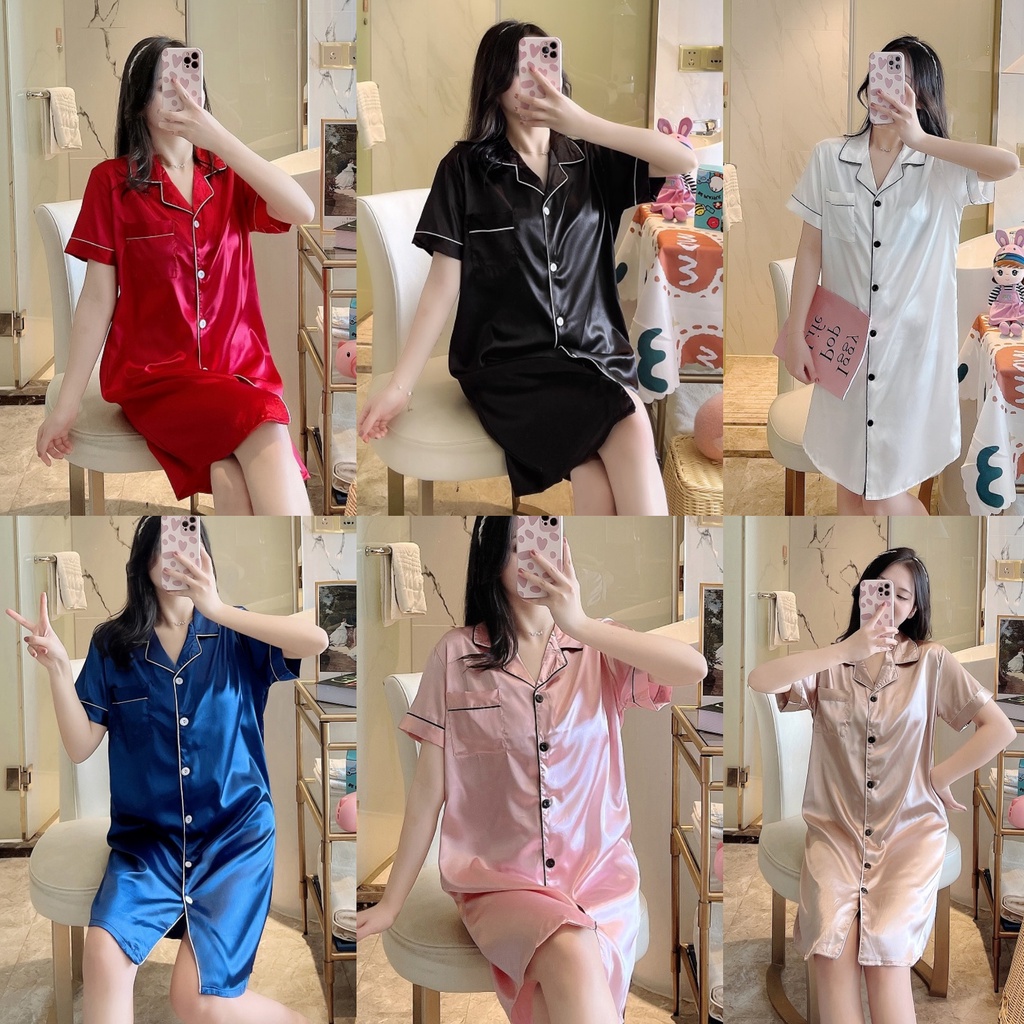 Classic Loose Night dress Solid Color Korean Satin Women Sexy Silk Soft  Pajamas Short Sleeve pyjamas dress sleepwear women | Shopee Singapore