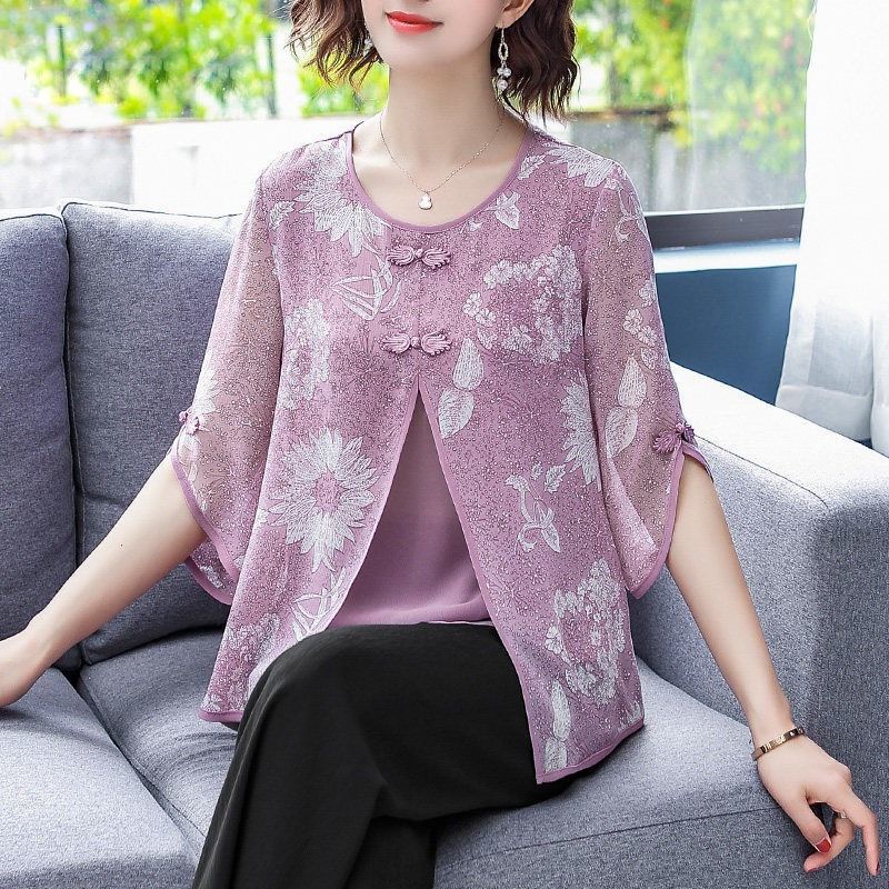 Summer New Style Mature Women's Suit Loose Chiffon Printed Top+Wide-Leg Pants Mother Clothing