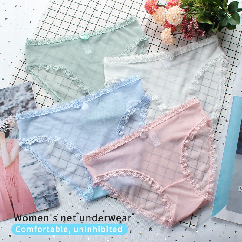 Womens Underwear Sheer Lace See Through Mesh Cotton Crotch Seamless Briefs  Women's Panties