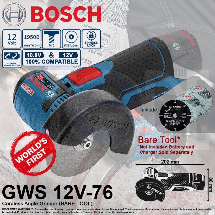 Bosch GWS 12V 76 Cordless Multi purpose 3 Inch Angle Grinder Bare Tool Made in Germany