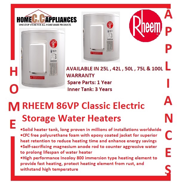 RHEEM 86VP-25V/42V/50V/75V/100V Classic Electric Storage Water Heaters ...