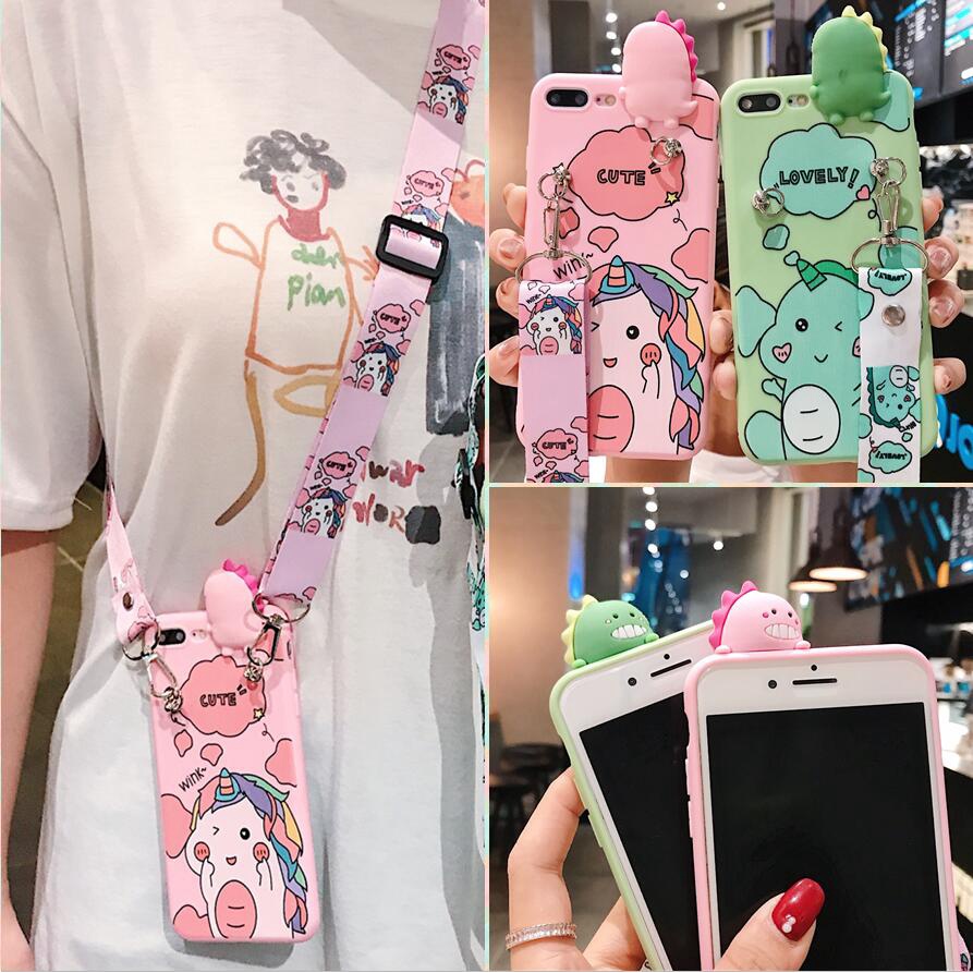 Casing For Samsung Galaxy Note 10 Plus 9 S10 S9 S8 Plus 10+ S10+ S9+ S8+ Cover Cute Cartoon Dinosaur Unicorn Soft TPU Phone Case With Lanyard Strap