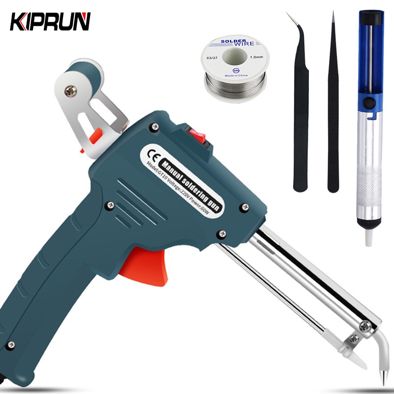KIPRUN  Auto Welding Automatic Feed Soldering Iron Gun, 220V 60W Electric Temperature Tool Adjustable Solder Tool Kit Fast Heating, with Lead-free Wire, Desoldering Pump, Tweezers