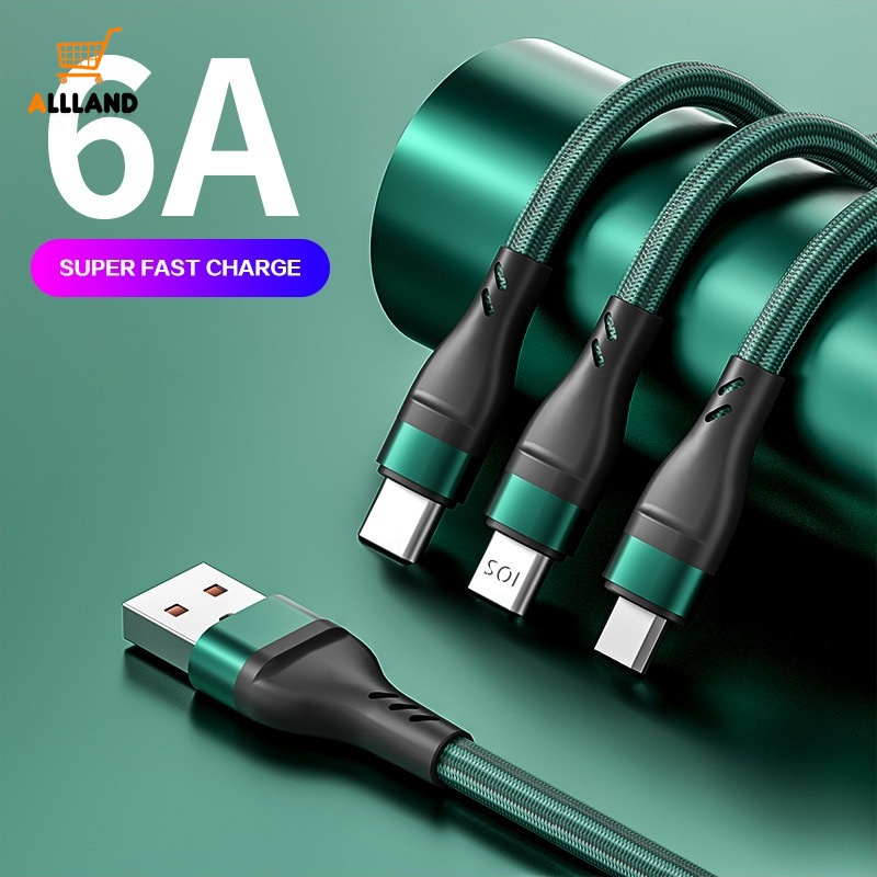 3 In 1 6A Super Fast Charging Cable/ 100W Nylon Braided Micro USB Type C Cable Line for All Smarthone Phone Model