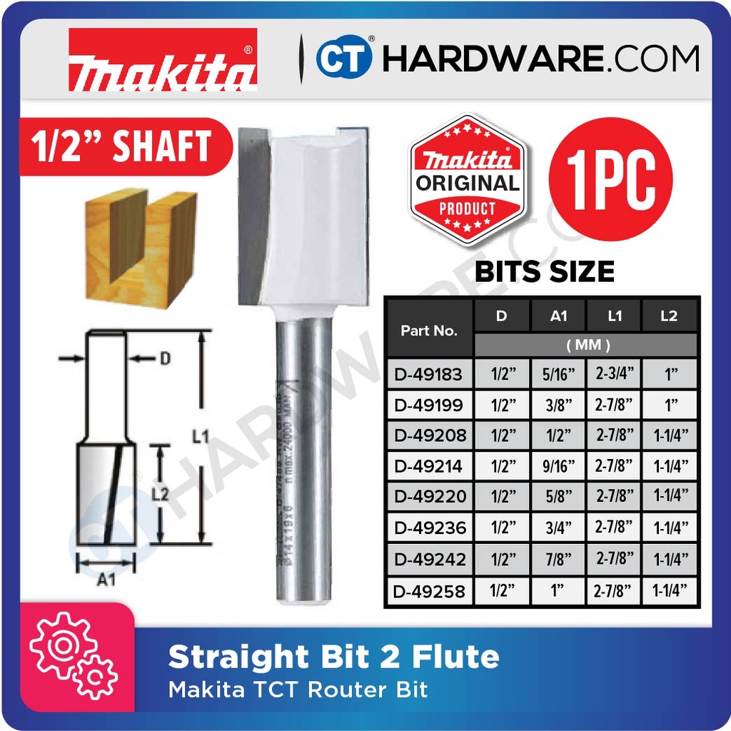 MAKITA STRAIGHT BIT 2 FLUTE ROUTER BIT 1/2