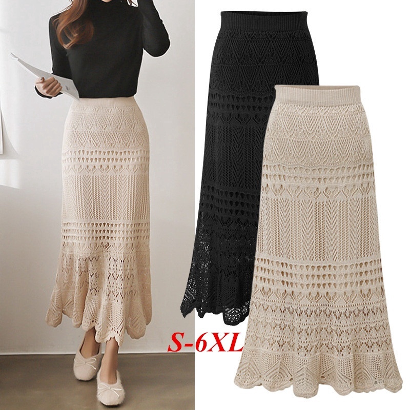 Plus Size S 6XL Women Knitted Long Maxi Skirt Spring Summer Autumn Fashion Casual Elegant Knit Lace High Waist Fishtail Bohemia Boho Beach Holiday