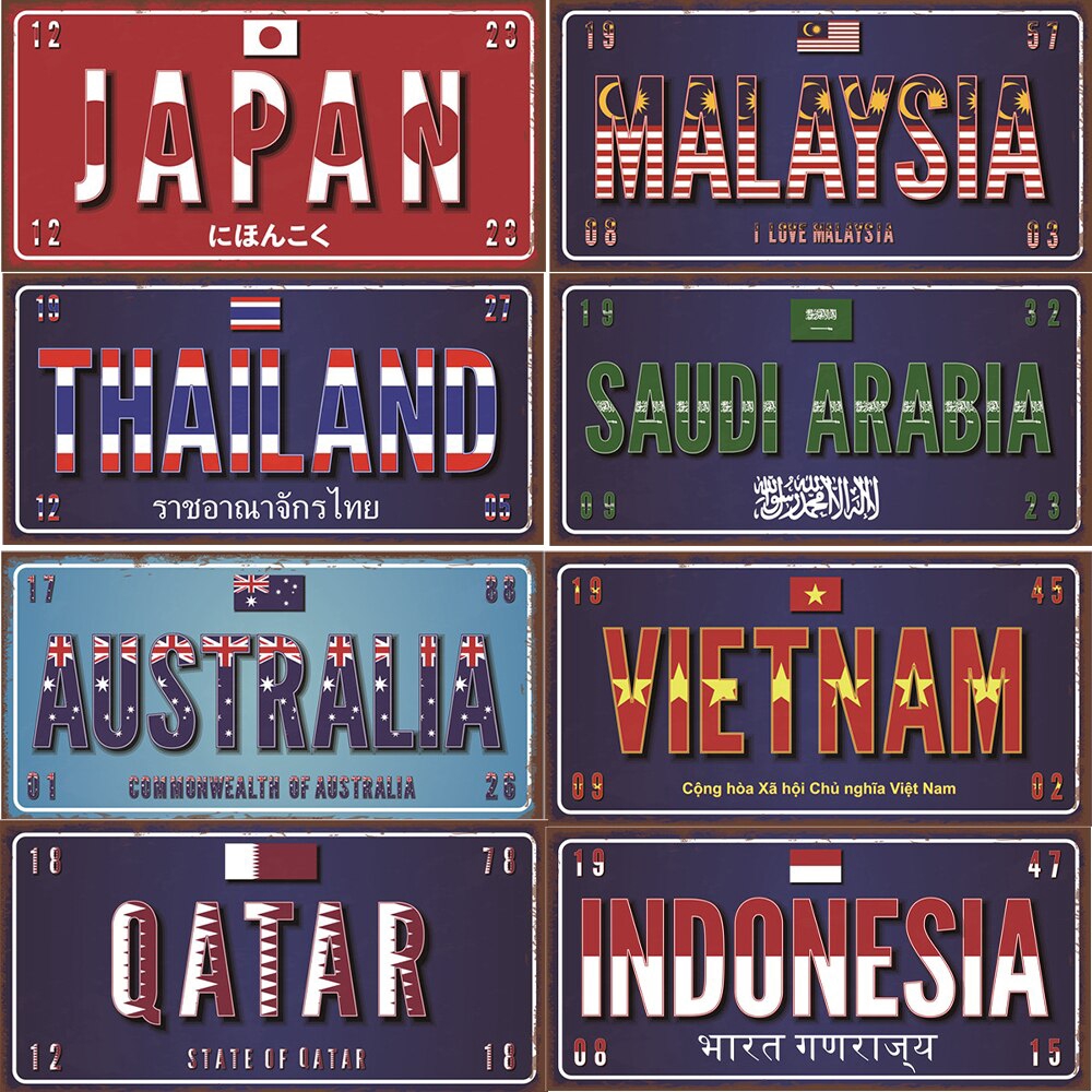 Asia Countries Name Flag License Plate Poster Vintage Home Decor