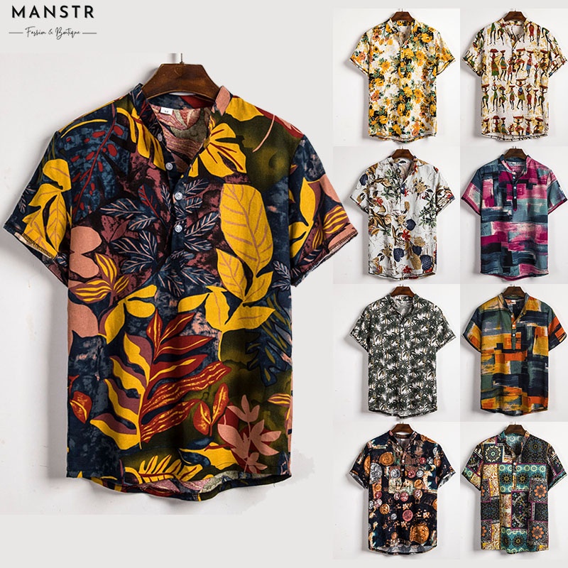 Men's Summer Retro Short Sleeve Floral Pullover Shirt Casual Beach Stand Collar Cotton and Linen Printed Polo T-shirt Plus Size